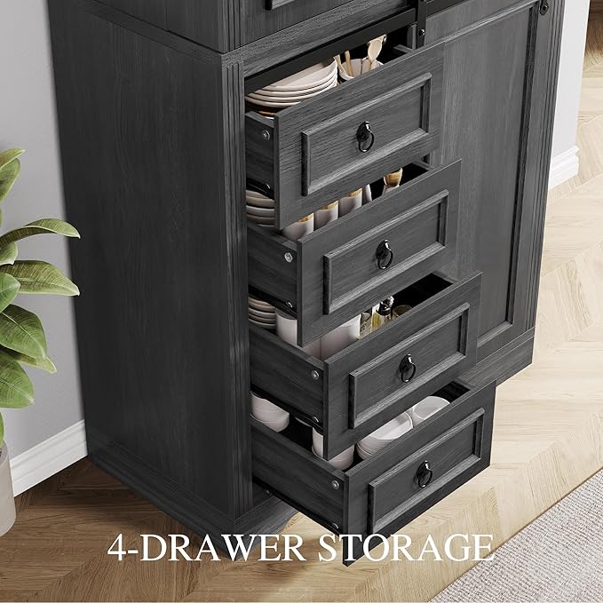 DWVO 71" Kitchen Pantry Storage Cabinet with Barn Doors, Tall Kitchen Cabinets with 4 Drawers and Adjustable Shelves, Versatile Storage for Living Room, Dining Room or Hallway, Grey Rustic Oak