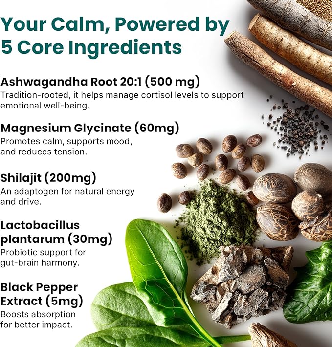 5-in-1 Cortisol Supplement for Women and Men with Ashwagandha for Calmness, Focus, and Adrenal Support Supplements with Shilajit Extract, Magnesium Glycinate, Probiotics (120 ct) (Pack of 2)