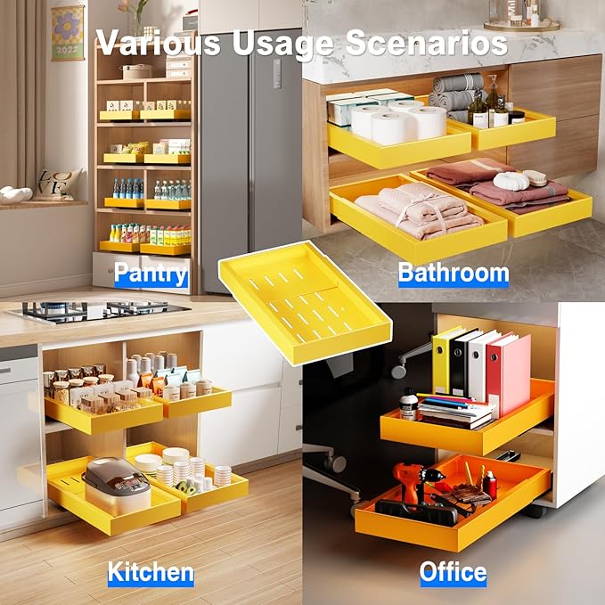2 Pack Pull Out Cabinet Organizer,21.8" Deep Slide Out Drawer for Cabinets Adhesive Pull Out Drawers Heavy Duty Pull Out Shelves for Kitchen,Cupboard,Pantry,Bathroom-Yellow