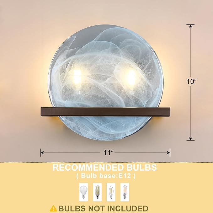 2 Light 10" Round Bllue Glass Bathroom Wall Sconce Modern Concise Style Wall Light Fixture,Oil Rubbed Bronze Finish for Bedroom Hallway Bedside
