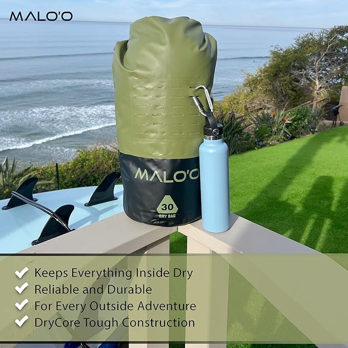 Malo?™o DryPack 30L Waterproof Kayak Dry Bag, Heavy Duty Roll-Top Dry Bag with MOLLE Grid and Carry Straps for Fishing, Paddle Boarding, Boating, Camping, and Travel, Green