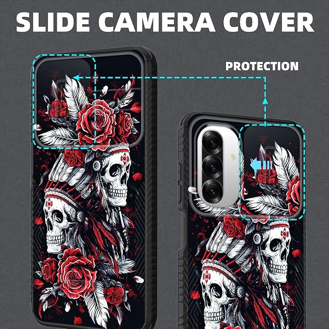 for Galaxy A26 5G Case Built in Slide Camera Lens Cover,Heavy Duty Shockproof Protection Dual Layer Case for Samsung Galaxy A26 5G 6.7" 2025,Skull Art with Feathers and Roses