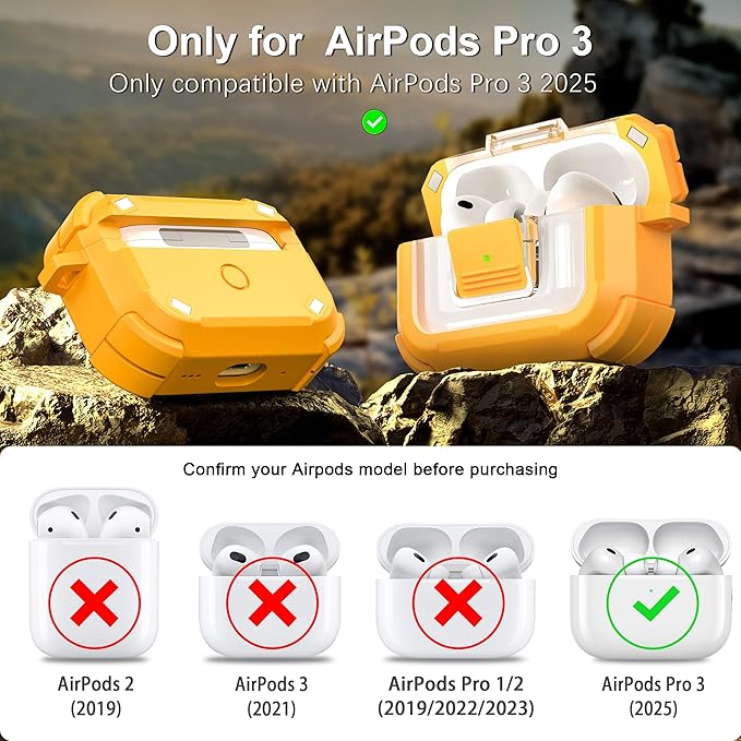 RFUNGUANGO for AirPods Pro 3 Case, Compatible with AirPods Pro 3 Generation Case (2025), Compatible with MagSafe, Magnetic Automatic Lock with Cleaner Kit and Keychain, Front LED Visible, Yellow