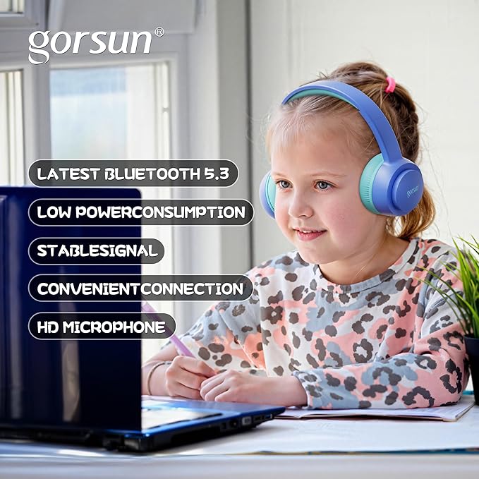 gorsun Kids Bluetooth Headphones, Toddler Headphones 85 dBA Safe Volume, 45 Hours Playtime, with Mic, Bluetooth 5.3, Kids Wireless Headset for iPad/Tablet/Travel/School, ldeal Gift (Blue)