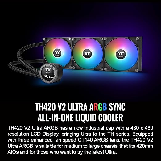 Thermaltake TH420 V2 Ultra ARGB Sync/AlO Liquid Cooler/ARGB Fan 140 * 3/PWM 500~1800rpm/Water Block 2.1" LCD/Black, CL-W386-PL14SW-A