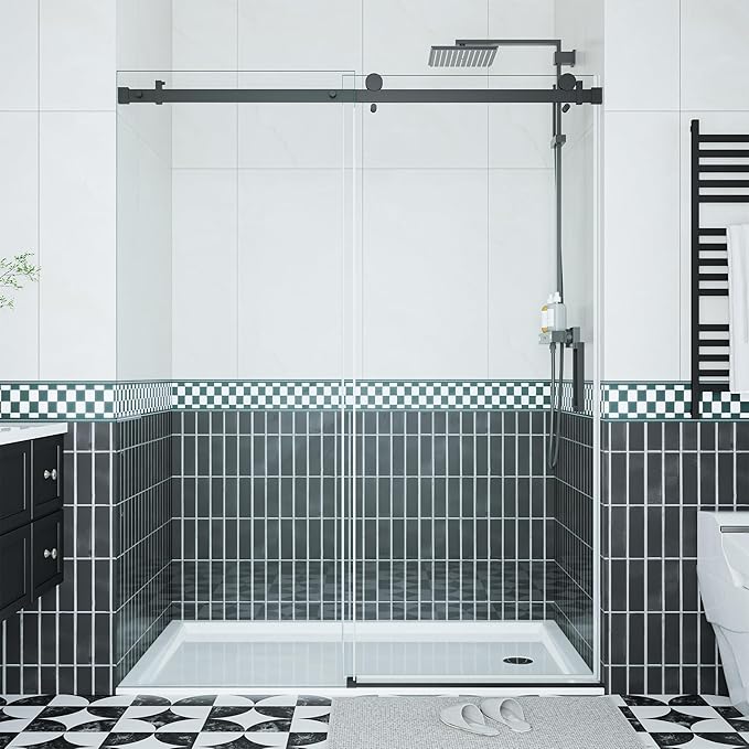 Shower Glass Door 44–48 × 76 inch, Frameless Sliding Shower Door with Square Stainless Steel Track & 55mm Rollers, 6mm Tempered Glass, Matte Black Finish, Stylish Shower Doors for Bathroom Upgrade