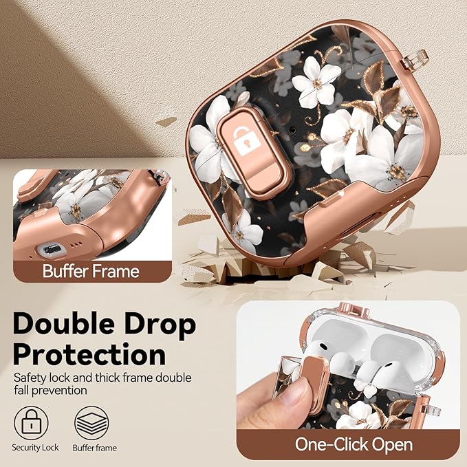 for AirPod Pro 3 Case 2025, with Safty Lock & Phone Stand for Floral AirPod Pro 3 Generation Case Cover for Women Girly, iPod Pro 3 Cases with Keychain & Cleaner Kit - Black Gold Flower