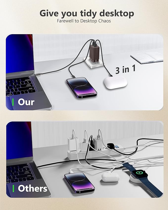 USB C Fast Charging Block，65W GaN Fast Charger 3-Port，Acoucou Adapter Type C Wall Chargers with Cable, for iPhone 17,16,15, iPad, MacBook, Galaxy S25, S24, S23, Tablet (Bronze)