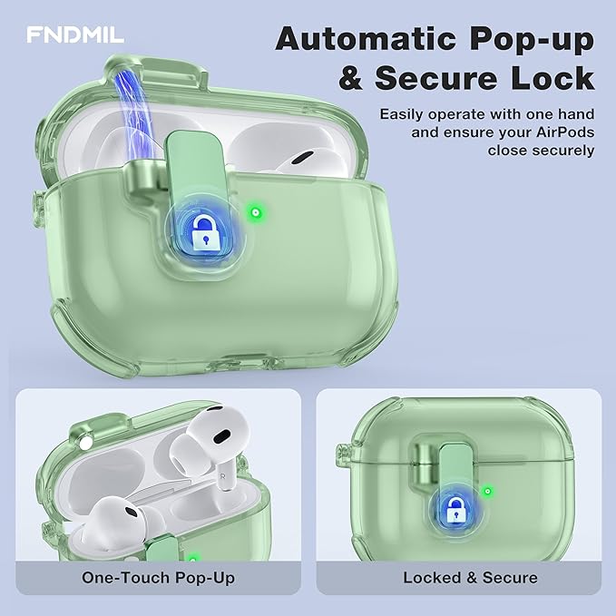 Clear Case for AirPods Pro 2 Case Cover with Lock Safety&Pop Up [Military Shockproof]Anti-Yellow Transparent Wireless Charging for AirPods Pro 2nd/1st Generation Case with Keychain,Clear Green