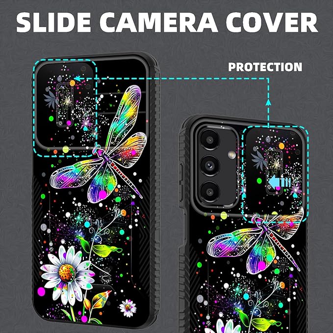 for Galaxy A15 5G Case Built in Slide Camera Lens Cover,Heavy Duty Shockproof Protection Dual Layer Case for Samsung Galaxy A15 5G 6.5 inch 2024,Dragonfly and Daisy Flower