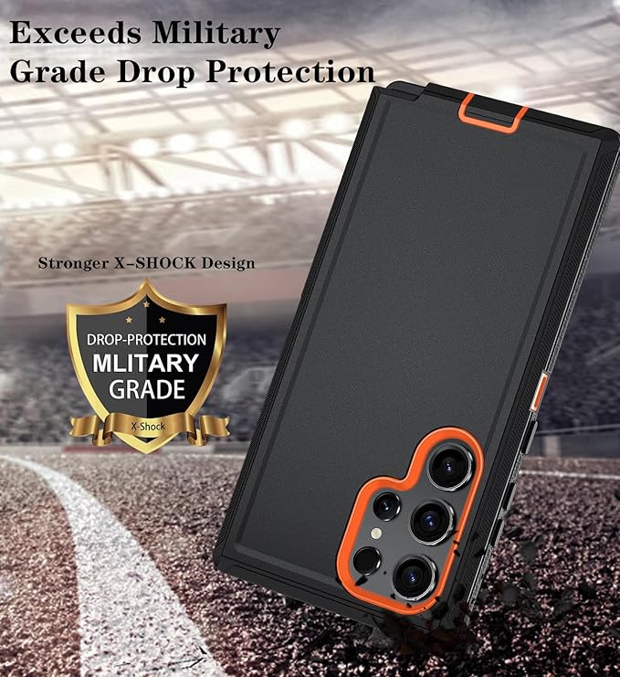 ONOLA Compatible with Samsung Galaxy S24 Ultra Case with HD Screen Protector, Heavy Duty Shockproof & Dropproof 3-Layer Cover Phone Case,BlackOrange