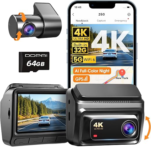 DDPAI Z60 4K+1080P Dual Dash Cam, G-Sensor, 32GB eMMC+64GB Card