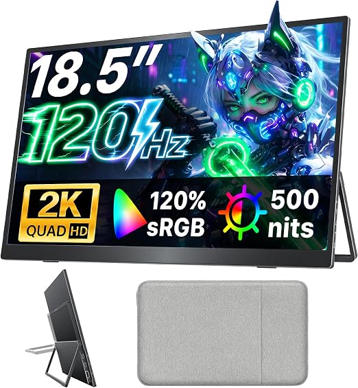 Upperizon Portable Monitor 18.5 inch 2K QHD 120% sRGB 120Hz IPS HDR HDMI USB-C Travel Monitor for Laptop MacBook PC Surface PS5 Xbox, Large External Display with Kickstand & Speakers, VESA Compatible
