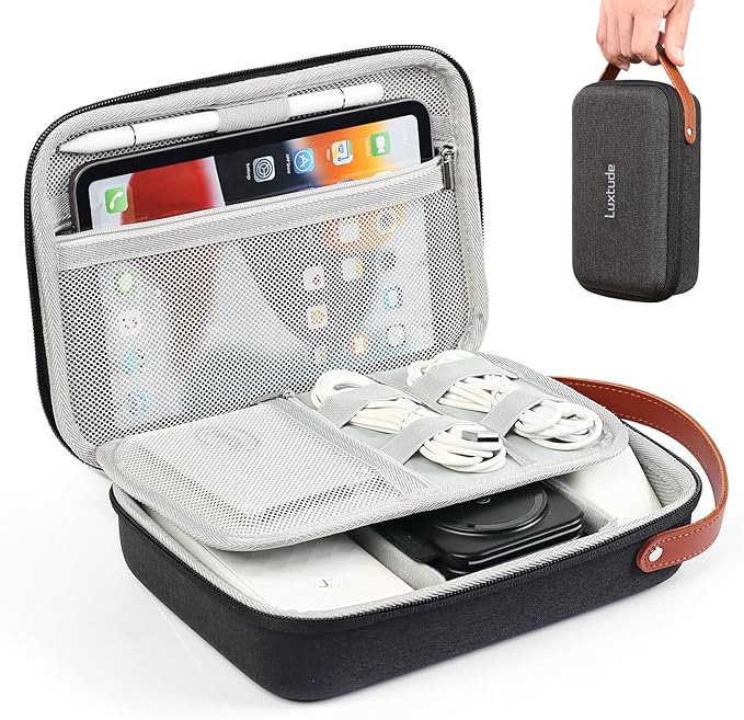 Luxtude Tech Organizer Travel Case, Portable Electronics Organizers, Hard Case for Electronics, Black Tech Bag, Charger Cases, Carrying Cases for iPad Mini (Up to 7.9?™â€?, Mouse