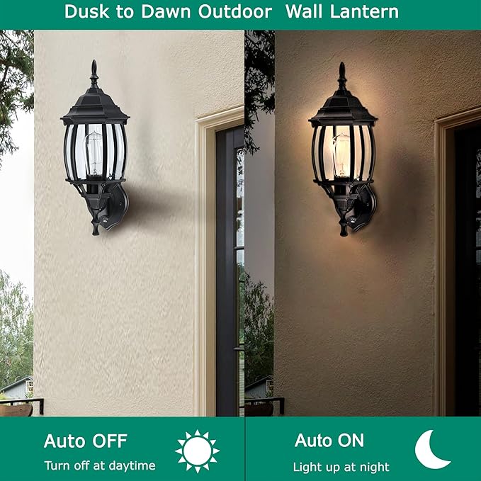 2 Pack Black Dusk to Dawn Outdoor Wall Lights - 16.8 Inch Garage Side Light for House Outside Dusk to Dawn Wall Lantern, Black Vintage Porch Sconce Light for Front Door,Entrance,Balcony,E26