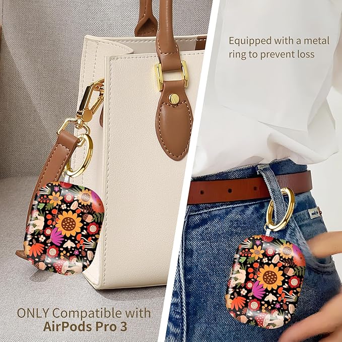 Compatible with AirPods Pro 3 (2025) Case, Airpod Pro 3 Protective Cover with Cute Golden Keychain for Girls & Women (Mushroom Sunflower)