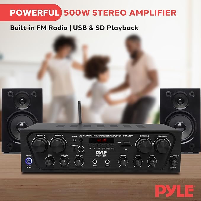 Pyle PTA42BT Wireless Karaoke Bluetooth Stereo Receiver - 4 Channel Power Amplifier w/USB,2 Microphone Input w/ Echo,Talkover for PA Great for Home Speaker System,Black