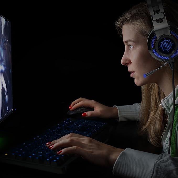 ENHANCE Scoria USB Gaming Headset with Noise Cancelling Mic, 7.1 Surround Sound, Bass Vibration, LED Lighting & In-Line Controls - Gaming Headphones for PC, Laptop, PS5, PS4 - TeamSpeak Certified