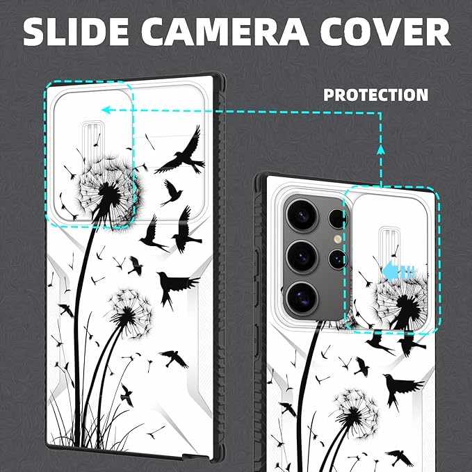 for Galaxy S24 Ultra Case Built in Slide Camera Lens Cover,Heavy Duty Shockproof Protection Dual Layer Case for Samsung Galaxy S24 Ultra 6.8" 2024,Dandelions and Birds