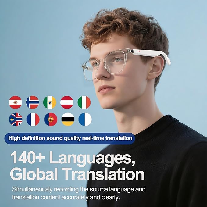 AI Smart Wireless Bluetooth Translation Glasses for Men/Women with Speakers/Bluetooth&140+ Languages Translation Sports/Travel/Drive/Busniess (C1+AI+Color Change Lenses+Transparent)