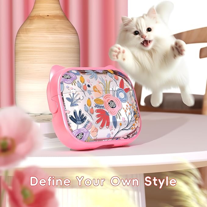 for AirPods Pro 2 Case with Cleaning Kit, Cute Cat Ear Print Design & Cute Buckle for Girls, Phone Holder & Top Safe Lock Buckle Design for AirPods Pro 2nd/1st Gen case, Clear Flowers