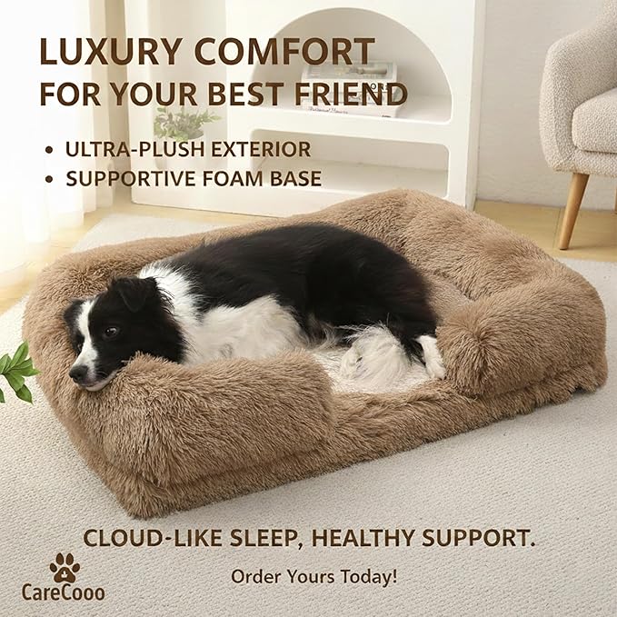 Orthopedic Dog Bed for Medium Dogs - Washable Memory Foam Pet Sofa, Fluffy Plush Rectangular Bed, Waterproof Anti-Anxiety Couch, Khaki, M