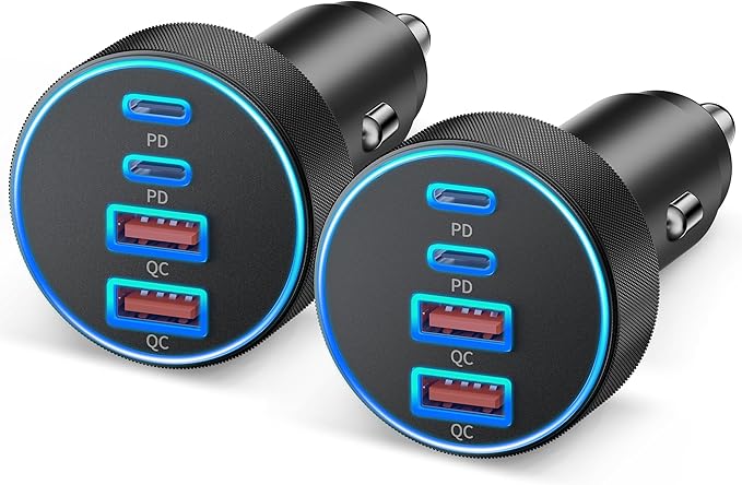 Car Charger USB C, 2 Pack 4-Port 90W Fast Charging Car Phone Charger Accessories Dual USB-C & USB-A Cargador Carro Cigarette Lighter Adapter for iPhone 17 16 15 14 13 12, iPad, Galaxy, Tablet, Android