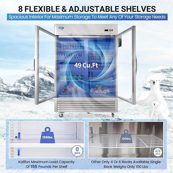 49Cu.Ft Commercial Refrigerator Merchandiser, 54" Display Refrigerator with 2 Glass Doors, Upright Fridge Stainless Steel Cooler with LED Lighting for Restaurant Kitchen