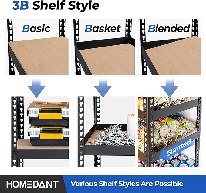 HOMEDANT 35.9" W Deep Width 5 Tier Heavy Duty Garage Shelving Adjustable Metal Rack Storage Shelves Standing Shelf Unit Organizers Pantry Closet Black 1Pack