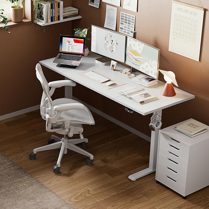 Agilestic Electric Standing Desk, Large 63 x 24 Inches Height Adjustable Desk, Sit Stand up Desk for Work Office Home, Splice Board, White