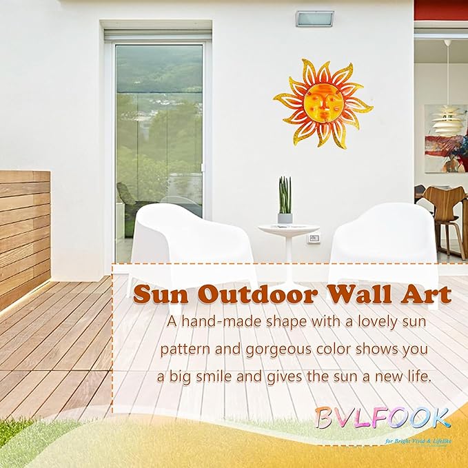Metal Sun Wall Art Decor,12 Inch Retro Hanging Decor With Glass,Sun Face Outdoor Indoor Wall Decorations For Patio Yard Garden Fence Living Room Bedroom
