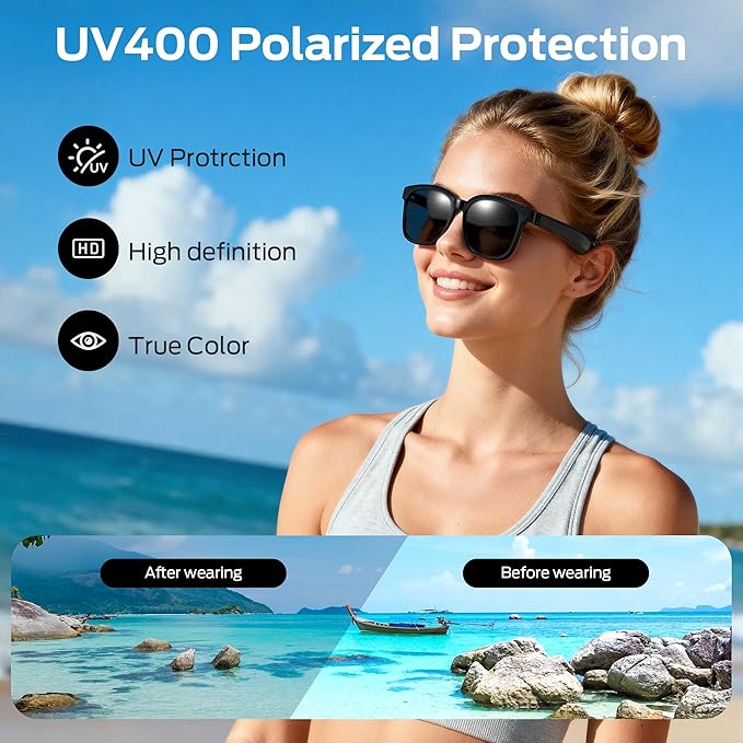 Oraolo Smart Glasses, Polarized Sunglasses with Bluetooth Speaker, Wireless Music & Calls, Athletic/Outdoor UV Protection and Voice Control, Unisex(Black)