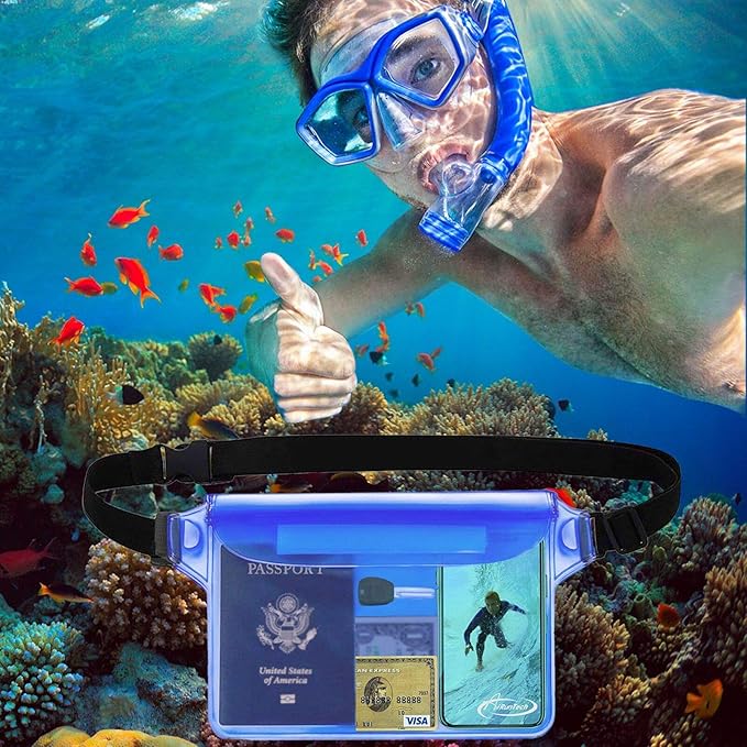 AiRunTech Waterproof Pouch | Way to Keep Your Phone and Valuables Safe and Dry | for Boating Swimming Snorkeling Kayaking Beach Pool (2 Phone Cases(Green + Pink) + 2 Fanny Packs(Black + Blue)