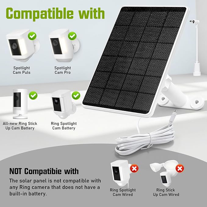 6W Solar Panel for Ring Camera, 2 Pack Solar Charger Compatible with Ring Stick Up Cam, Spotlight Cam Plus/Pro, 9.8ft Cable with USB-C to Barrel Plug Adapter, IP66 Waterproof, Extendable Bracket