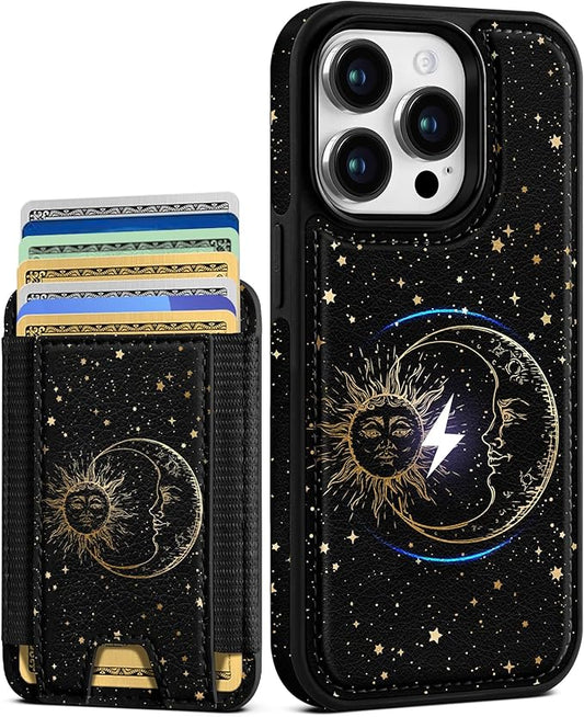 Shorogyt for iPhone 14 Pro Max Case Wallet - Fits 5 Cards, Compatible with Magsafe Detachable Magnetic Credit Card Holder Leather Cardholder Cute Phone Cover Women Girls for Apple 14 ProMax, Sun Moon