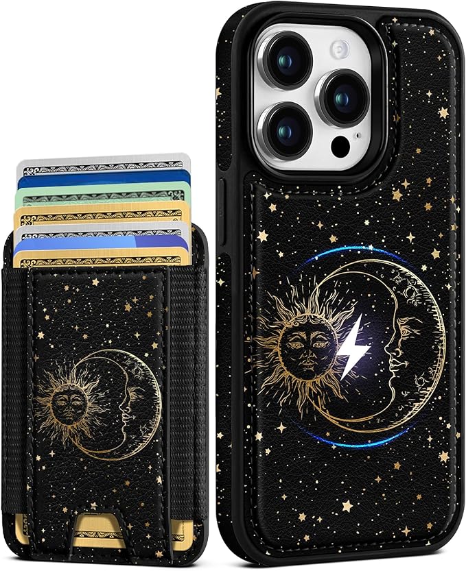 Shorogyt for iPhone 13 Pro Wallet Case - Fits 5 Cards, Compatible with Magsafe Detachable Magnetic Credit Card Holder Leather Cardholder Cute Phone Cover Women Girls for Apple 13Pro, Sun Moon