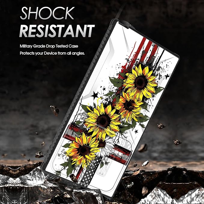 for Galaxy S24 Ultra Case Built in Slide Camera Lens Cover,Heavy Duty Shockproof Protection Dual Layer Case for Samsung Galaxy S24 Ultra 6.8" 2024,Cross American Flag Sunflower