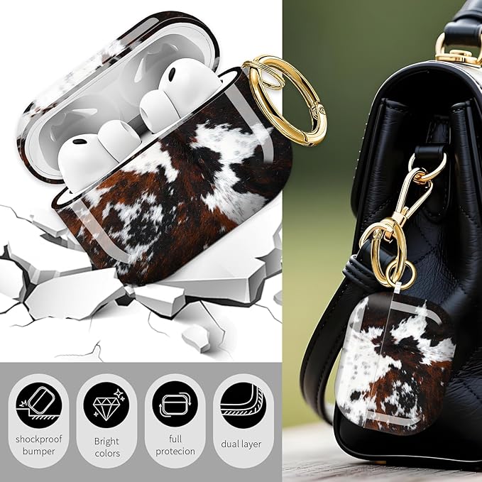 Cute Hard Case Compatible with AirPods Pro 3rd Generation Case (2025), Shockproof Protective Cover with Golden Keychain Ring Clip (Cute Cowhide Pattern)