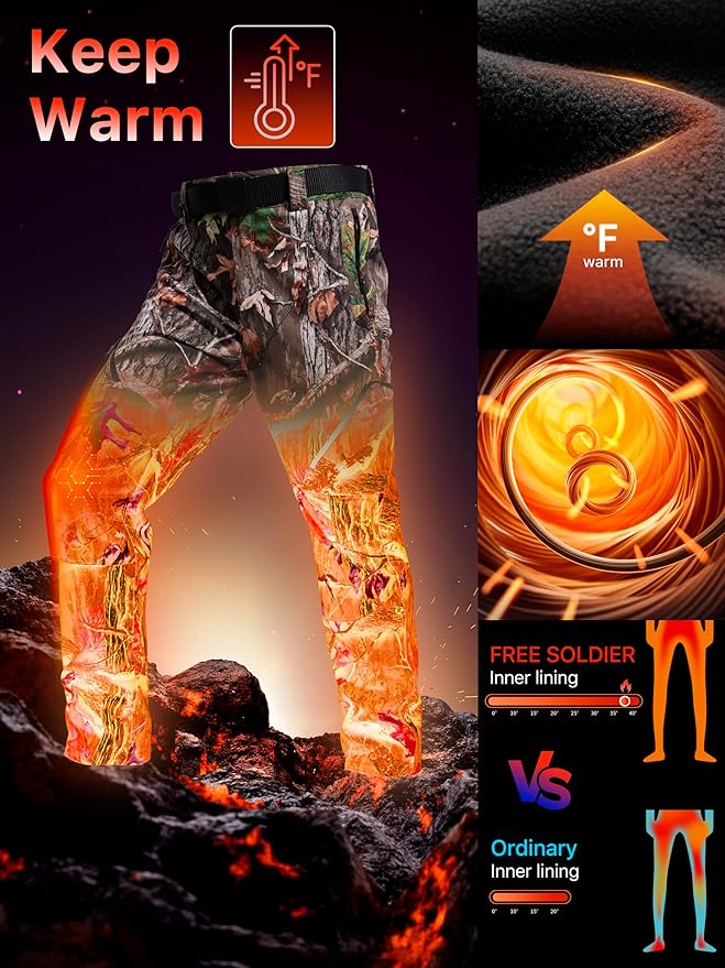 FREE SOLDIER Men's Fleece Lined Outdoor Cargo Hiking Pants Water Repellent Softshell Snow Ski Pants with Zipper Pockets