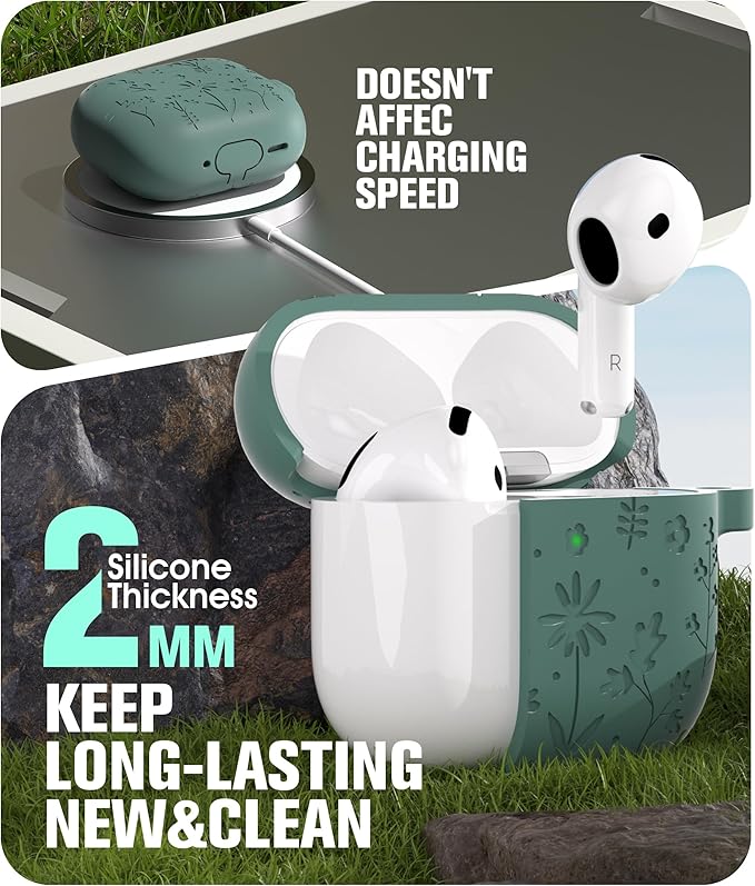 Seltureone Compatible with AirPods 4 Case Cute with Cherry Blossom Keychain and Cleaning Kit, Soft Silicone Shockproof Flower Engraved Cover Compatible with AirPod 4 Case Cover - Pine Green