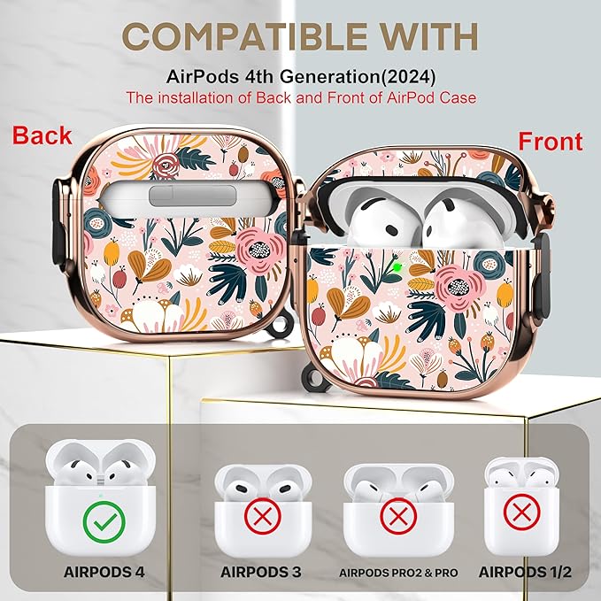 Maxjoy for AirPods 4 Case with Lock, Cute AirPods 4 Case Lock Protective Hard AirPod 4 Generation Cover for Women Girly with Keychain Clip for AirPod 4th Generation Cover 2024, Flower