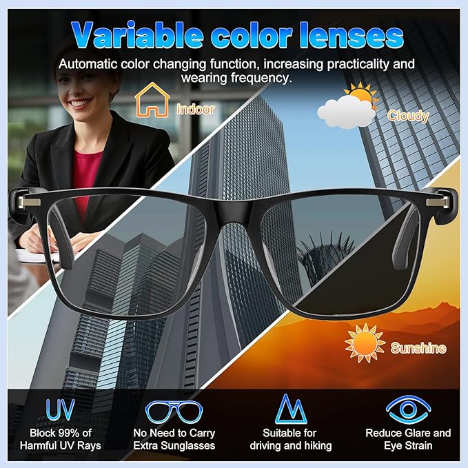 AI Translation Smart Glasses with 138 Languages, Bluetooth Glasses Compatible with ChatGPT, Photochromic Lens with Open-Ear Speakers for Men Women, for Travel, Business, Driving