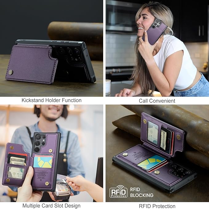 Bemal for Samsung Galaxy S23 Ultra Wallet Case with Card Holder, RFID Blocking, Shockproof Leather Kickstand for Men and Women, Durable Protective Phone Cover for 6.8", Purple