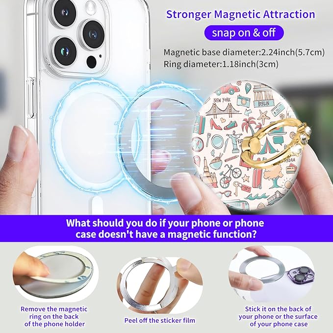 Magnetic Phone Ring Holder Compatible with MagSafe, Cute Phone Grip Stand with 360° Rotation Gold Glitter Finger Ring Kickstand Accessories for Most Phones Cute Vacation Pattern