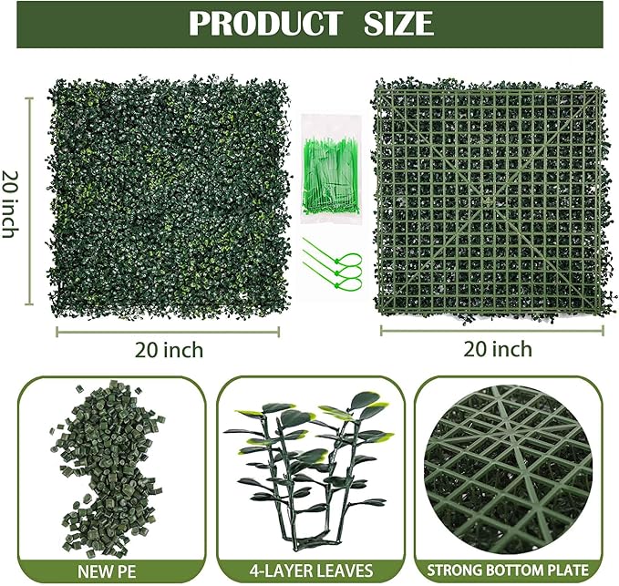 6PCS 20"x 20" Artificial Boxwood Wall Panels, UV-Anti Grass Wall Hedge Plant Panels for Indoor Outdoor Green Wall Decor Ivy Fence Covering Privacy