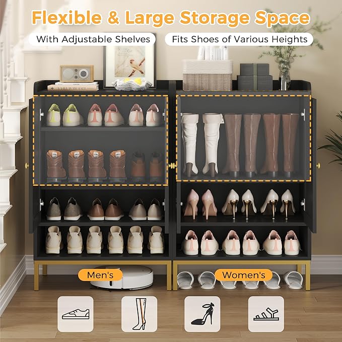 JASIWAY Rattan Shoe Cabinet Storage for Entryway, Shoe Cabinet with Adjustable Shelves for Entryway, 5-Tier, 20 Pair Shoe Rack Storage for Hallway, Closet, Living Room, Black