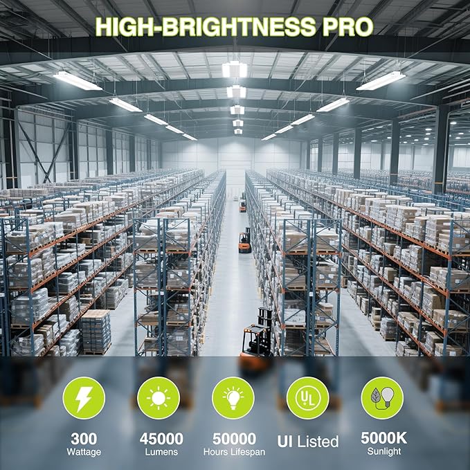 LED Linear High Bay Shop Light With Motion Sensor 300W, Larger Central Lighting Area, 45000LM, 120-277V, 0-10V, 5000K, Commercial Linear High Bay Led Shop Lights for Warehouse Industrial Garage , UL