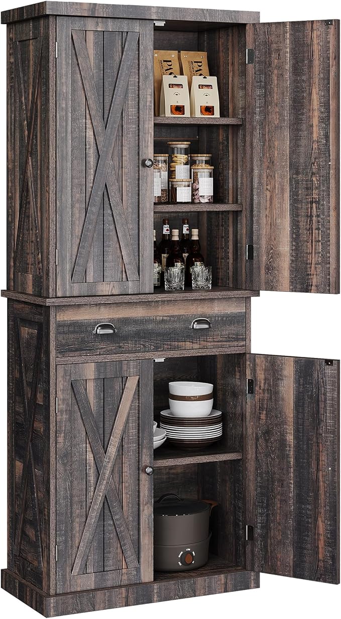 DWVO 72'' Farmhouse Kitchen Pantry, Rustic Wood Kitchen Storage Cabinets with Adjustable Shelves & Drawer, Tall Freestanding Cupboard for Dining Room, Living Room, Dark Gray