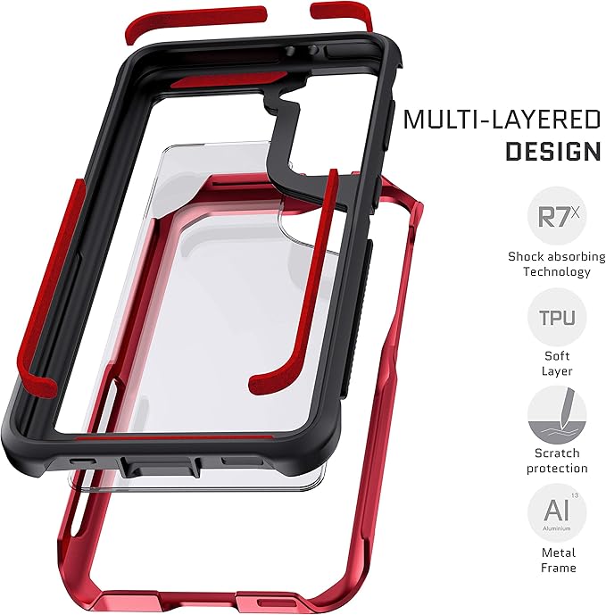 Ghostek ATOMIC slim S21 Case with Protective Aluminum Metal Bumper and Crystal Clear Back Design Heavy Duty Shock-Absorbent Protection Designed for 2021 Samsung Galaxy S 21 5G (6.2 Inch) (Phantom Red)
