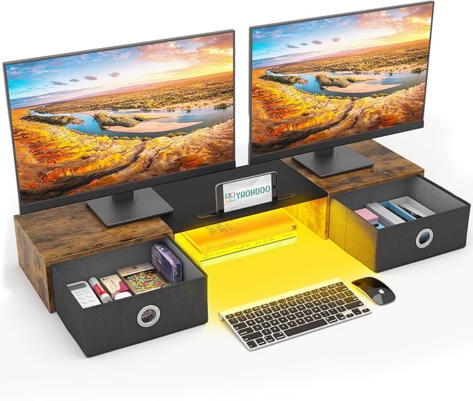YAOHUOO Dual Monitor Stand with LED Light 2 Drawers, Computer Monitor Riser for 2 Monitors, Large Desktop Organzier with Storage for PC/Laptop/Computer/TV Screen/Printer